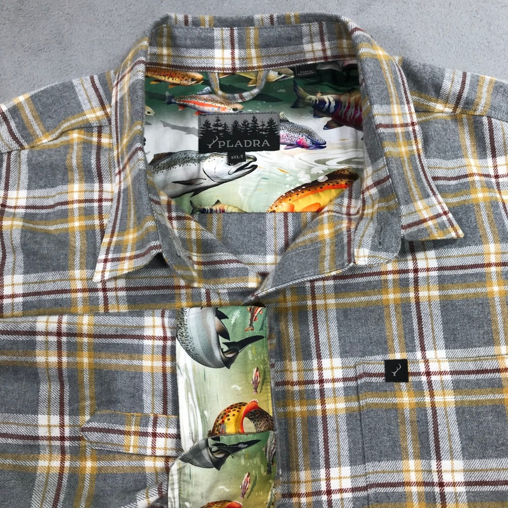 Pladra Flannel Shirt Mens 2XL-T Grey Plaid Fish Lining Tall Button Down Shirt